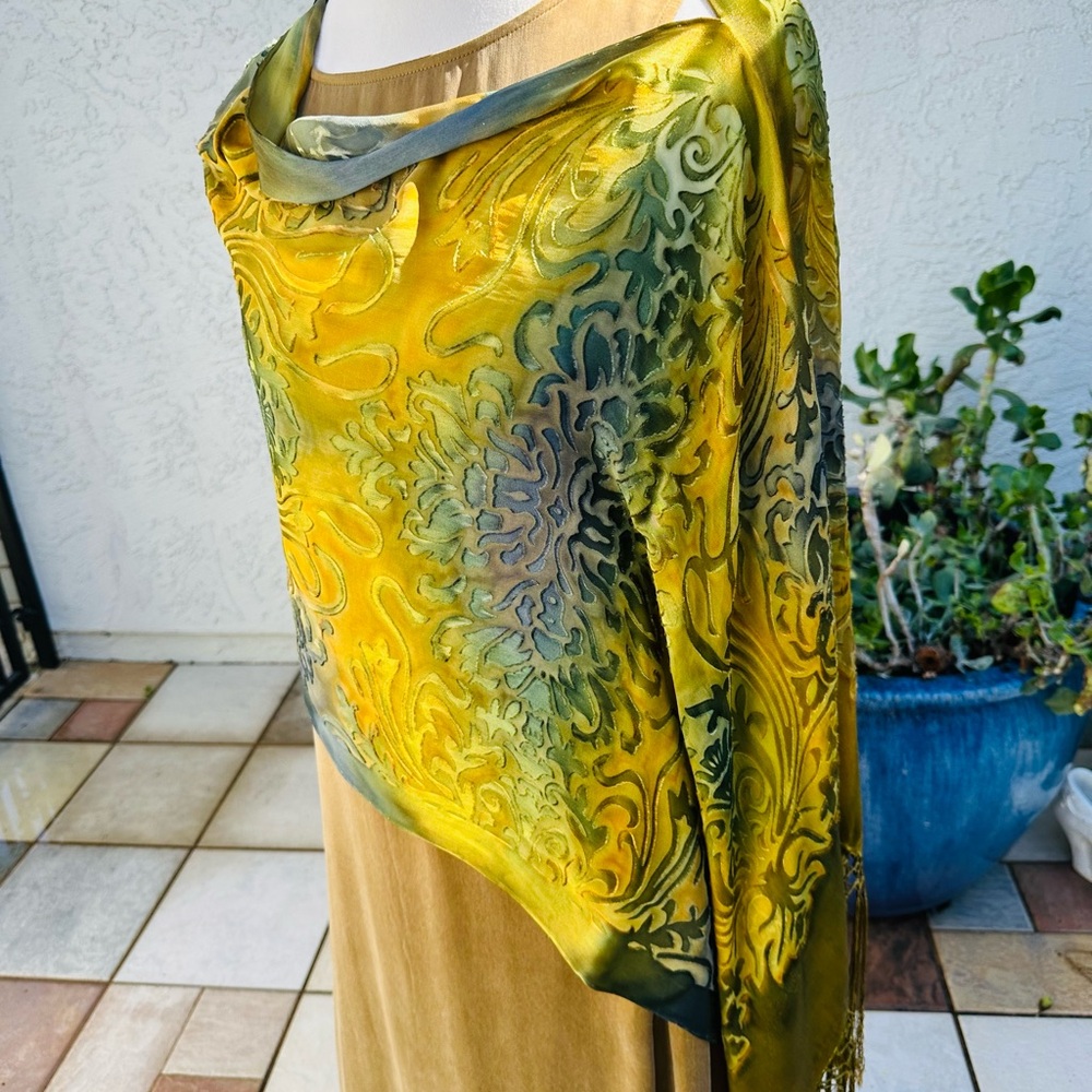 Elegant Gold Green Blue tone silk devore Scarf